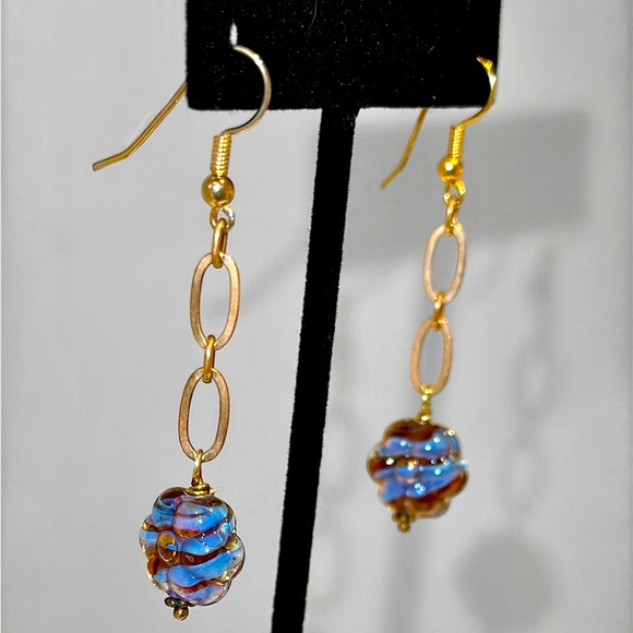 Jewelry - Long Gold tone and Blue Glass Flower Earrings